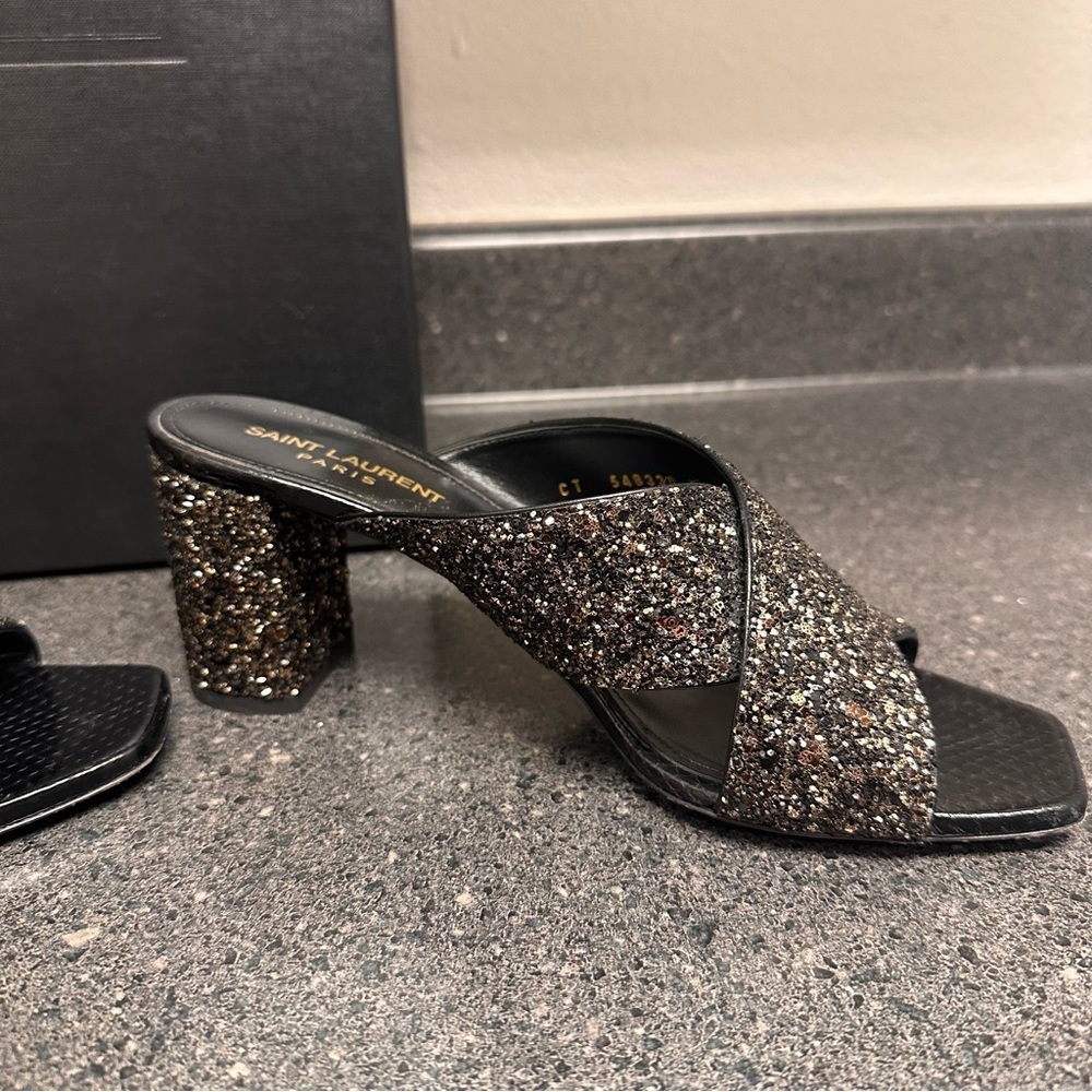 Saint Laurent Black and Gold Glitter Crisscross Block Heel Mules - Picture 4 of 13